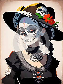 Day of the Dead, a woman with flowers in her hair wearing a hat