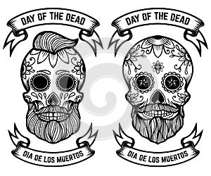 Day of the deaddia de los muertos. Mexican sugar skull on grunge background. Design element for poster, logo, label, sign, card photo