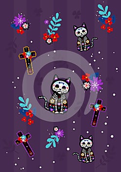 Day of the death Dia de los muertos cat with sugar skull mask head and cross colorful flower pattern