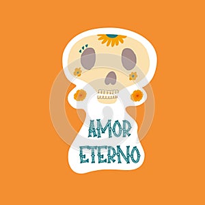 Day of the death stickers with cute skull. Amor eterno - Spanish lettering