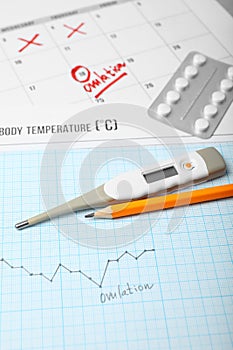 Day of female ovulation in calendar, schedule of basal temperature. Time to conceive child photo