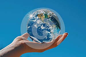 day or hour of the Earth. Caring for the planet and nature. Close-up of a hand holding a sphere, a glubus with an image of the
