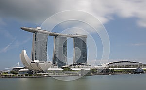 Day light view of Marina Bay Sand in Singapore with Art and Science Museum in front