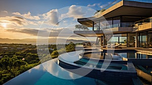 day lights Photograph an opulent villa escape: infinity pool vistas, panoramic landscapes, lavish interiors