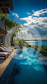 day lights Photograph an opulent villa escape: infinity pool vistas, panoramic landscapes, lavish interiors