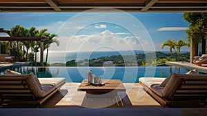 day lights Photograph an opulent villa escape: infinity pool vistas, panoramic landscapes, lavish interiors