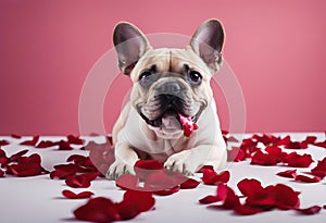 day love mouth flying petals dog bulldog crazy white falling isolated rose rose silly french background