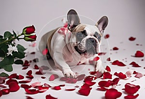day love mouth flying petals dog bulldog crazy white falling isolated rose rose silly french background
