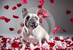 day love mouth flying petals dog bulldog crazy white falling isolated rose rose silly french background