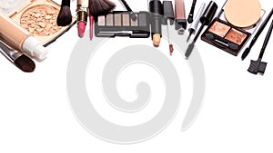 Day makeup set with copy space. Beauty products for natural make-up on white. Decorative cosmetics background
