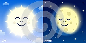 Day and night cartoon vector illustration with smiling sun and sleeping moon funny characters
