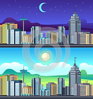 Day night cityscape. Buildings city office center, apartment hose hotel day time urvan vector set