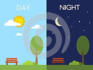 Day and night concept. Sun and moon. Tree and bench in good weather. Sky with clouds in flat style. Different periods photo