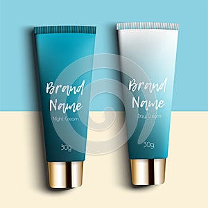 Day and night cream. Realistic packaging for cosmetics with three templates. Pipe cream - bright, trendy, young photo