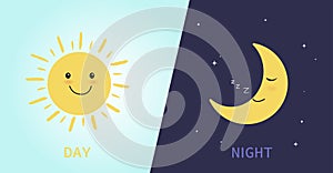 Day and night. Cute sun smiling cartoon character. Moon sleeping. Vector