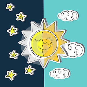Day and night. Doodle vector illustration of sun, moon