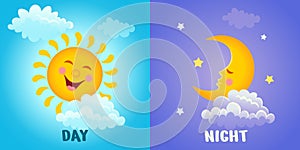 Day and night. Illustration of a smiling sun with clouds and a sleeping month with stars for kids.Vector