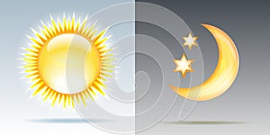 Day and night illustrations with sun and moon.