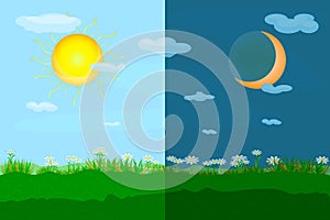 Day and night landscape with meadow. Sun and moon as vernal or autumnal, spring equinox day concept.