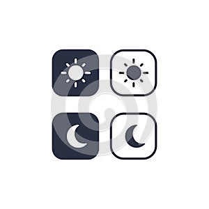 Day and night mode switch icon set - . Interface ui symbol concept. On Off or Light and Dark Buttons. 3d vector.