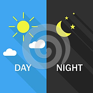 Day and night Sun with clouds and moon with stars lettering with shadows