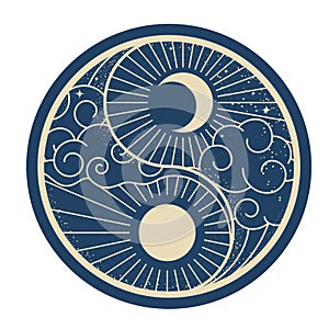 Day and night, sun and moon in clouds, yin and yang symbol, oriental elements