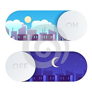 Day and night switch. Control screen lighting. Turn on or off buttons with cartoon daytime and nighttime cityscape