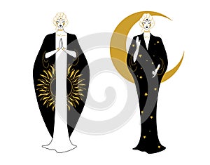 Day and night symbol, Standing women in clothes with sun and moon, hand drawn graphic illustrations. Concept of Oriental
