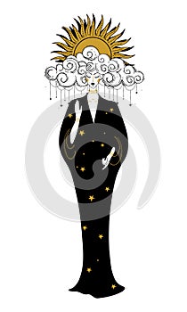 Day and night symbol, woman with shining sun in her hair from cloud, hand drawn illustration. Concept of oriental