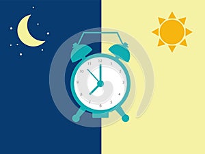 Day and night time concept. Alarm clock between night time side and day time side