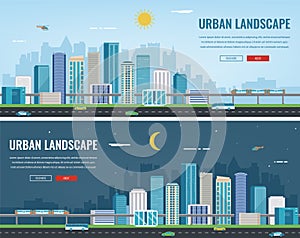 Day and night urban landscape. Modern city. Building architecture, cityscape town. Concept website template. Vector