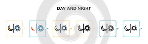 Day and night vector icon in 6 different modern styles. Black, two colored day and night icons designed in filled, outline, line