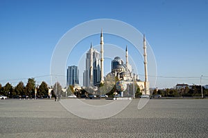 Day panorama a modern city central square with a lovely mosqe and skyscrapers taken in Grozny city Chehenia Russian caucasus photo