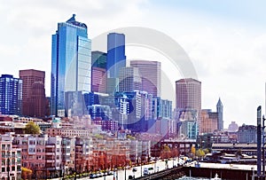 Day panorama of Seattle waterfront Alaskan way, WA