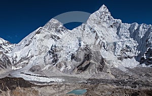 Day panoramic view of  mountains: Mount Everest 8848m, Nuptse 7861m, Everest base camp path and Khumbu Glacier from Kala Patthar