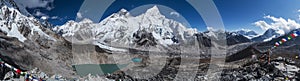 Day panoramic view of  mountains: Mount Everest 8848m, Nuptse 7861m, Everest base camp path and Khumbu Glacier from Kala Patthar 5