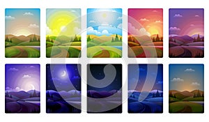 Day parts. Background of noon morning day and night recent vector cartoon landscape with weather horizon