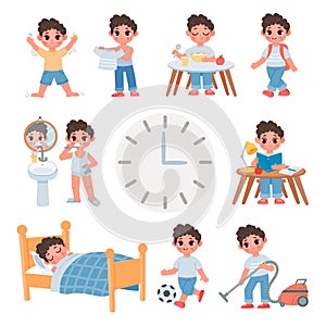 Day routine activity for cartoon school kid boy. Daily schedule with cute boy sleep, eat, play, study and clean. Health