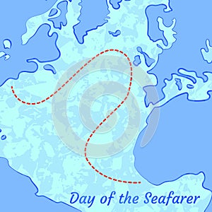 Day of the Seafarer. 25 June. Outlines of the continents and the sea, ships. Imitation contour maritime maps with marked route