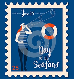 Day of the seafarer 25 June retro postmark or stamp.