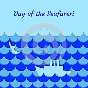 Day of the Seafarer. 25 June. Stylized cartoon sea, waves, ship, whale tail