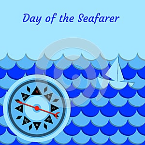 Day of the Seafarer. 25 June. Stylized cartoon sea, waves, ship, whale tail, compass