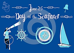 Day of the seafarer 25 June vector illustration. Sailor stands behind the steering wheel,looks into the suspension pipe.