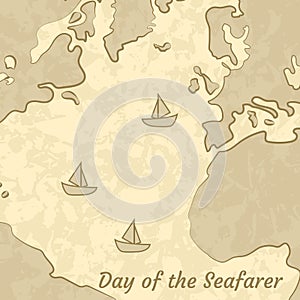 Day of the Seafarer. 25 June. Outlines of the continents and the sea, ships. Imitation of old paper chart