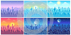 Day time cityscape. Change of time of day, morning town and night city skyline vector illustration set