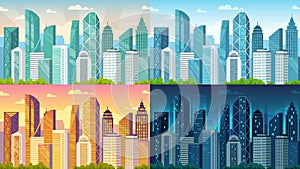 Day time cityscape. City buildings at morning, day, sunset and night town view cartoon vector background illustration set