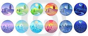 Day time landscape. Dawn, morning city, sunny day, evening sunset, twilight field, night cityscape round vector icon set