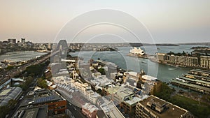 Day to night sunset at Sydney city skyline, aerial view.