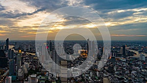 Day to night time lapse of Bangkok with Chao Phraya River, Thailand