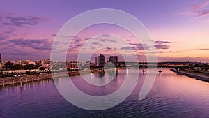 Day to night timelapse of Belgrade waterfront and Old railway bridge